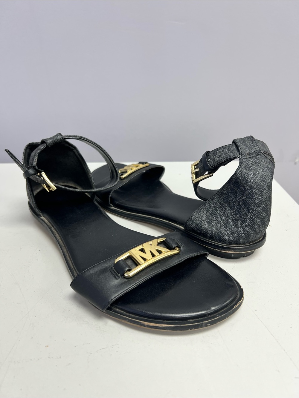 Michael Kors Black Leather Logo Ankle-Strap Sandals Women’s 8.5
